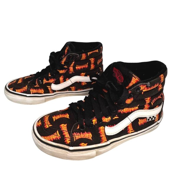 Vans Shoes - Vans X Thrasher Sk8-Hi Flame Print Sneakers Size 5.5 Black & Orange Canvas Skate